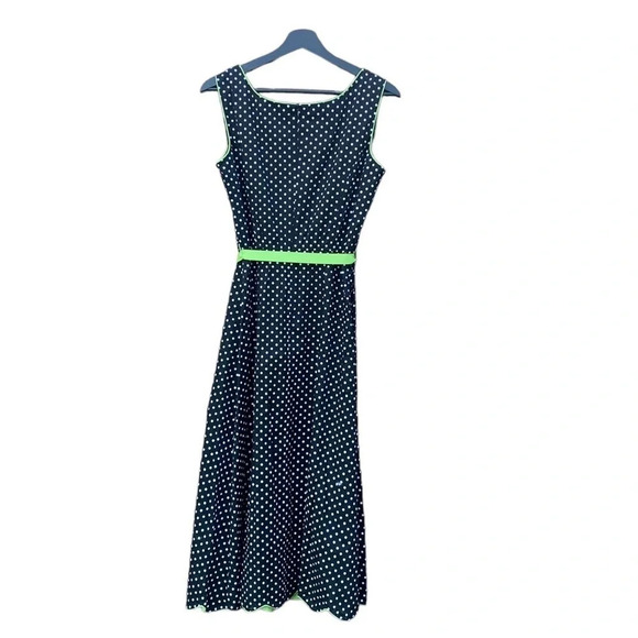Coldwater Creek Dress Womens Size P10 Sleeveless Long Black White Dot green belt - Picture 3 of 4
